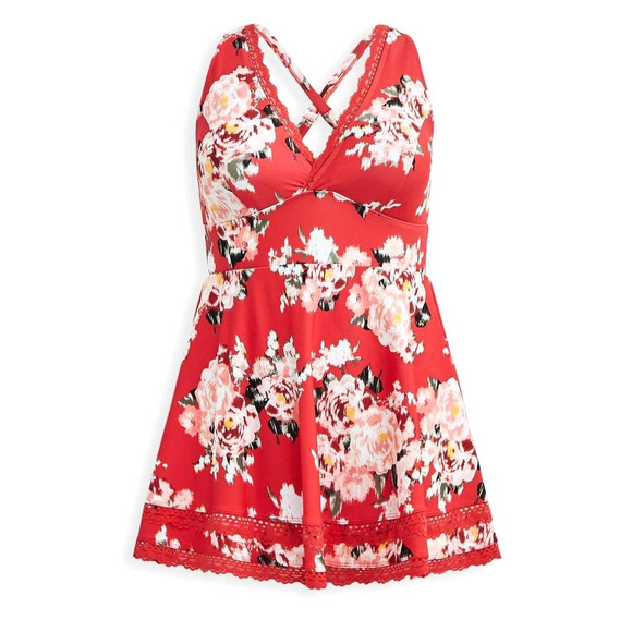 New‎ Torrid 2 (2X 18/20) Mid Length Ikat Floral Muted Red Wire Free Swim Dress - Picture 3 of 3